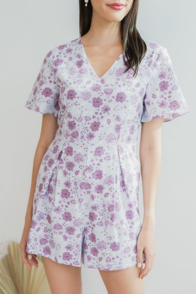 Sabrina Floral Pleated Romper in Plum (XS)