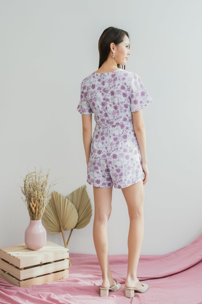 Sabrina Floral Pleated Romper in Plum (XS)