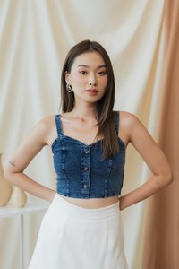 Everleigh Denim Button Crop Top in Mid Wash