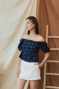Amerie Berries Embroidery Two-Way Top in Navy (XS)