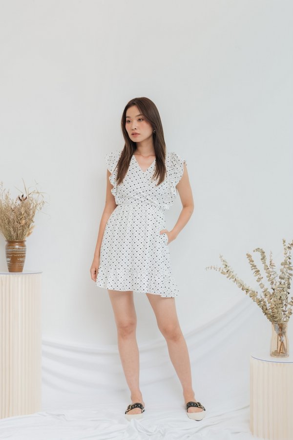 Elizabeth Hearts-Printed Ruffles Dress in White