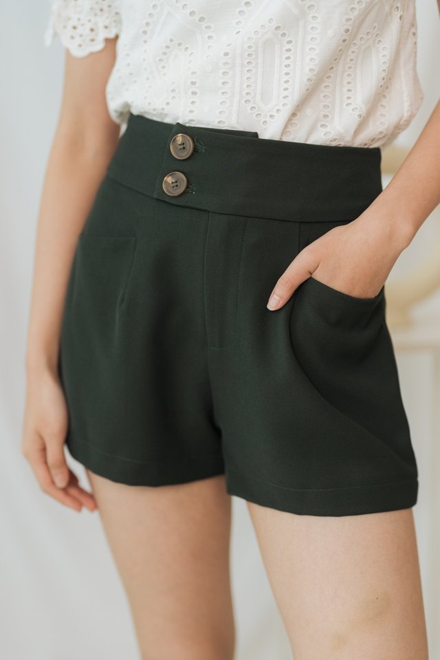 Raquel High-Waisted Tailored Shorts in Dark Olive