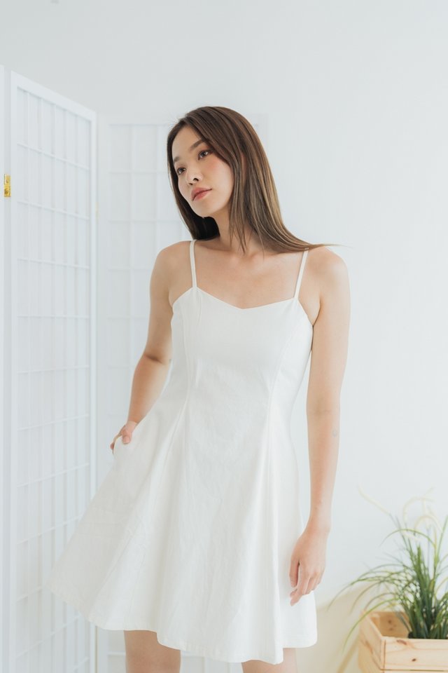 Janicia Camisole Denim Skater Dress in Off-White