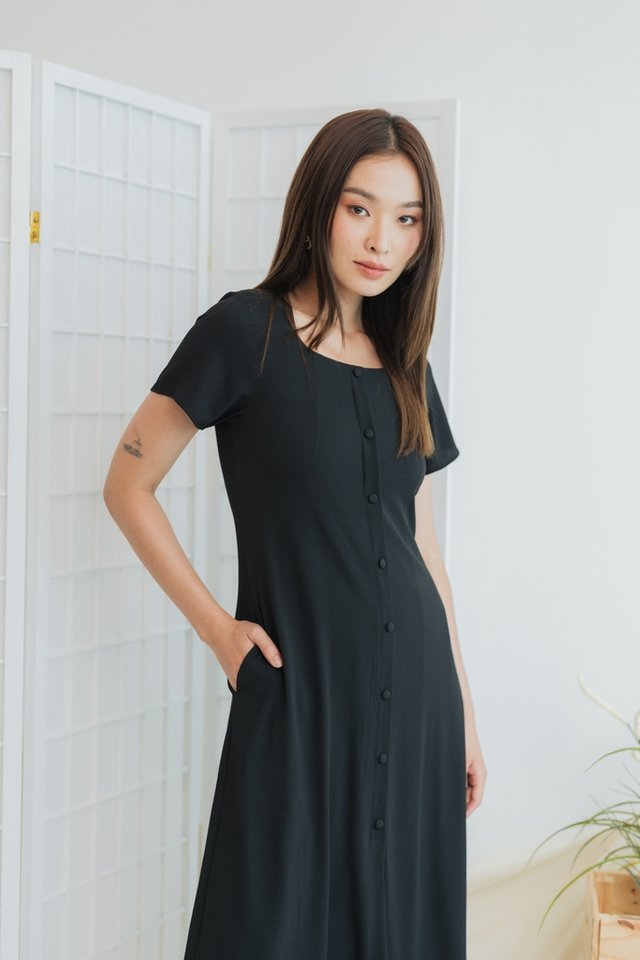 Samantha Button Midi Dress in Black