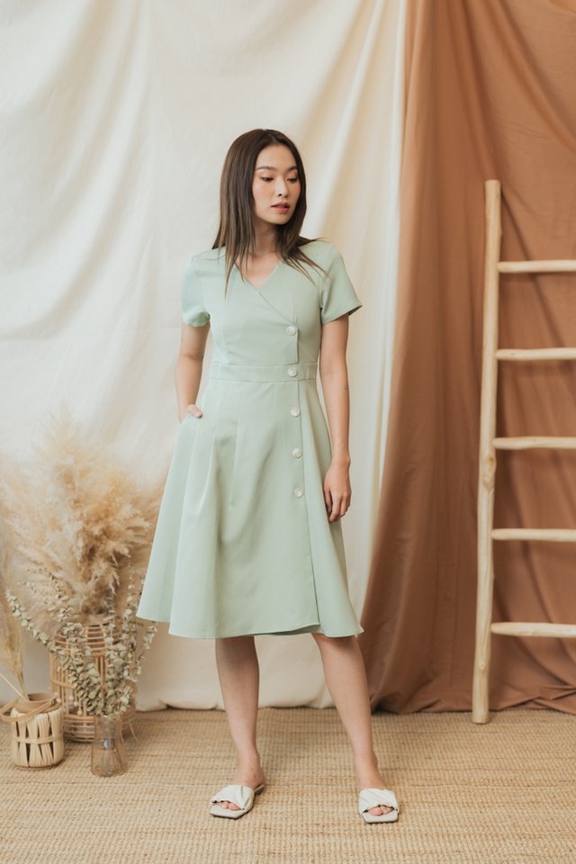 Lorraine Overlap Button Midi Dress in Apple Green