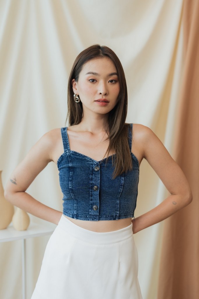 Everleigh Denim Button Crop Top in Mid Wash