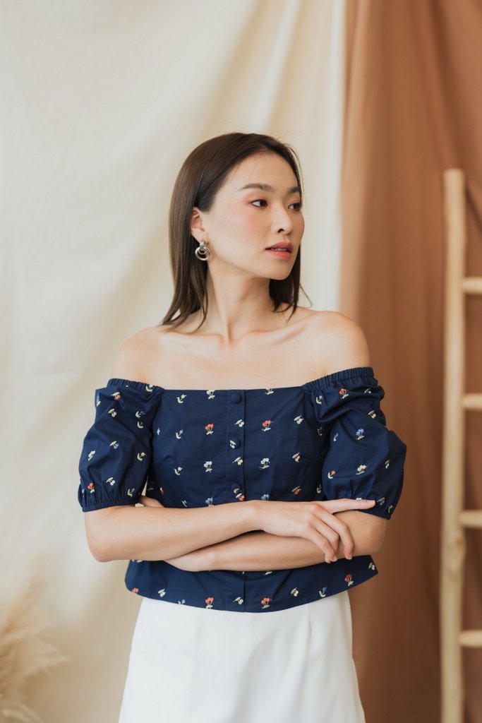 Amerie Berries Embroidery Two-Way Top in Navy (XS)