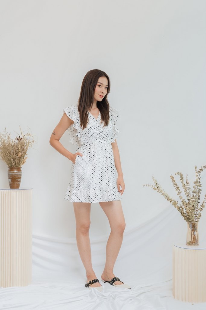 Elizabeth Hearts-Printed Ruffles Dress in White