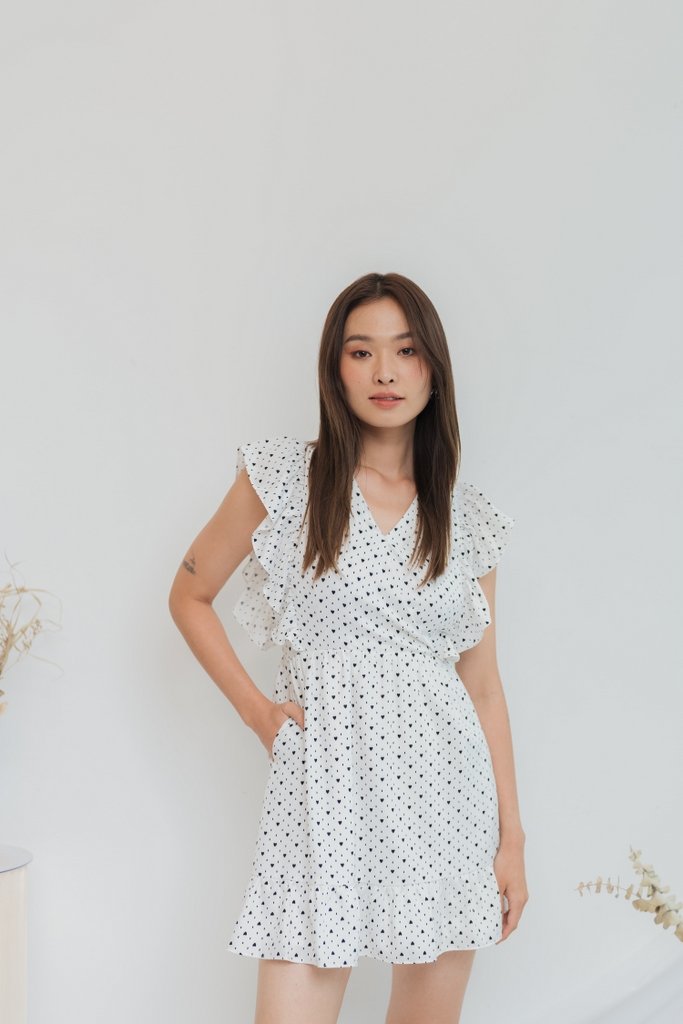 Elizabeth Hearts-Printed Ruffles Dress in White