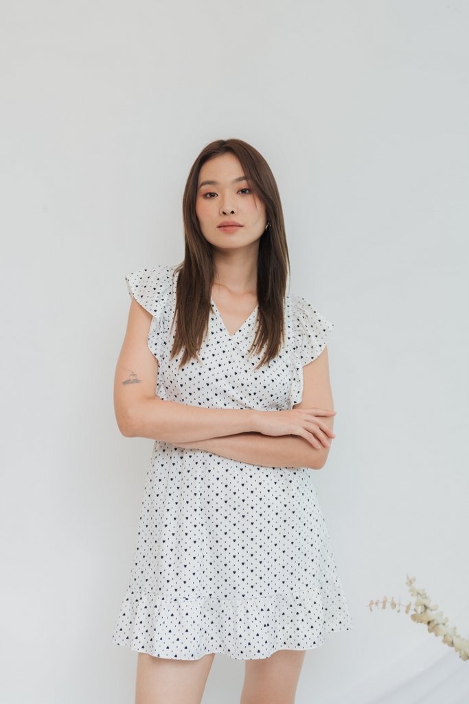Elizabeth Hearts-Printed Ruffles Dress in White
