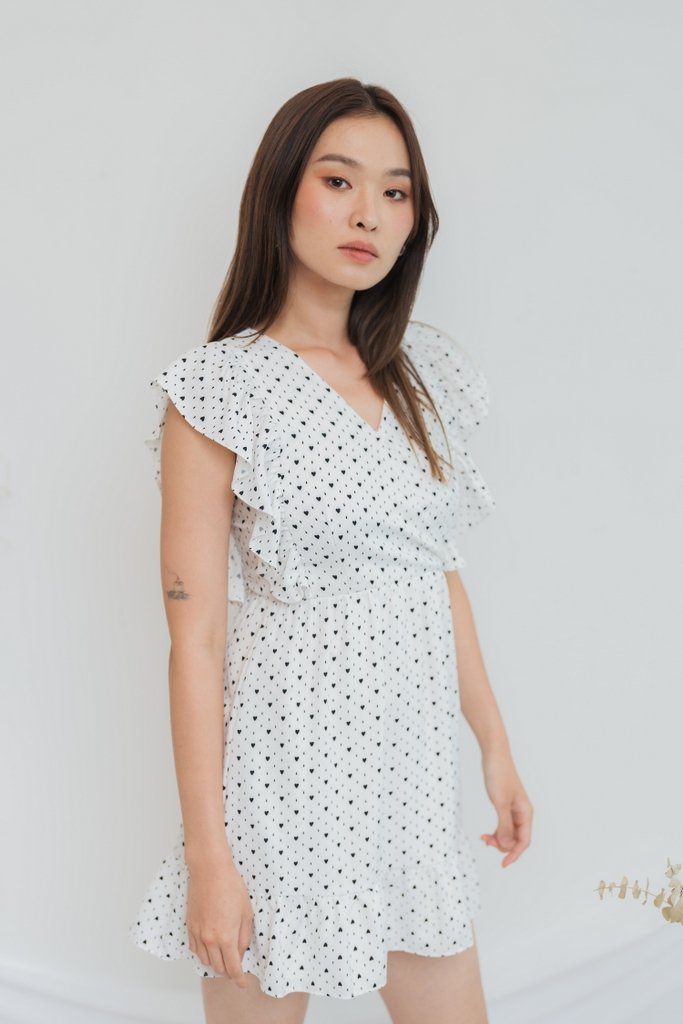 Elizabeth Hearts-Printed Ruffles Dress in White