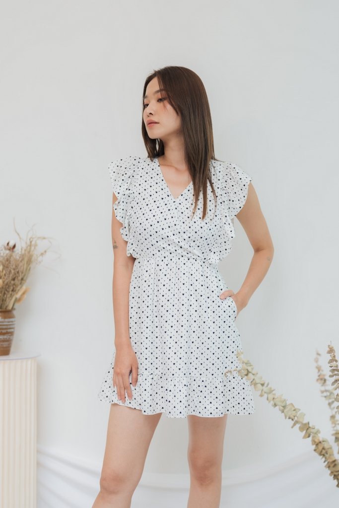 Elizabeth Hearts-Printed Ruffles Dress in White