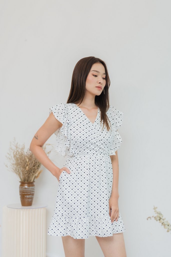 Elizabeth Hearts-Printed Ruffles Dress in White