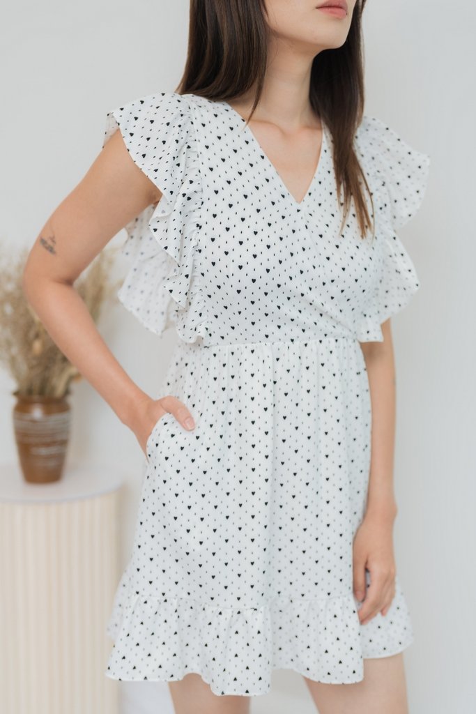 Elizabeth Hearts-Printed Ruffles Dress in White