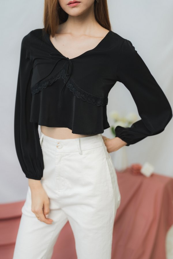 Vanessa Crochet Trim Ribbon Top in Black (XS)