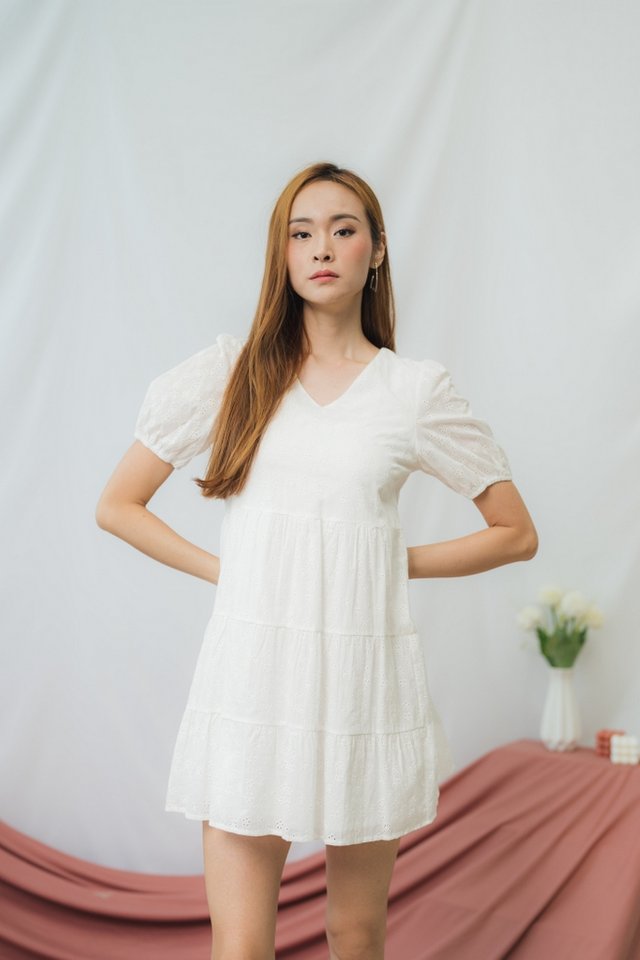 Millie Floral Eyelet Babydoll Dress in White