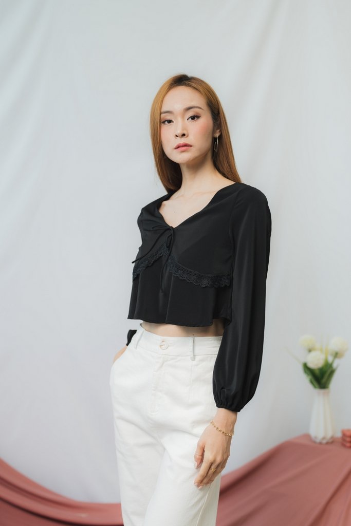 Vanessa Crochet Trim Ribbon Top in Black (XS)