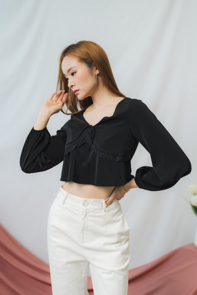 Vanessa Crochet Trim Ribbon Top in Black (XS)