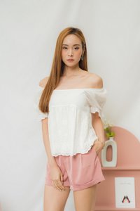 Ava Babydoll Floral Eyelet Top in White (XS)