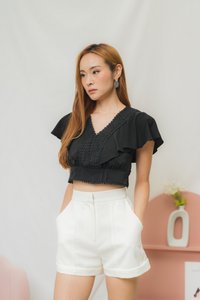 Gracia Crochet Flutter Sleeves Crop Top in Black (XS)