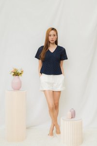 Harriet Eyelet Sleeved Top in Navy (XS)