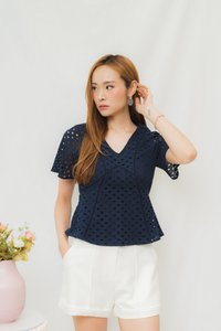 Harriet Eyelet Sleeved Top in Navy (XS)