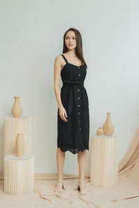 Franchesca Leafy Eyelet Midi Dress in Black (XS)