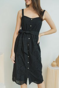 Franchesca Leafy Eyelet Midi Dress in Black (XS)