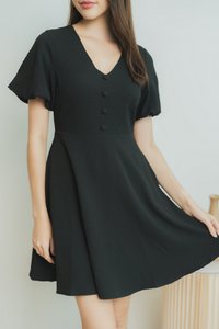 Claire Textured Puffed Sleeves Dress in Black (XS)
