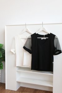 Leyla Mesh Sleeves Cotton Top in Black (XS)