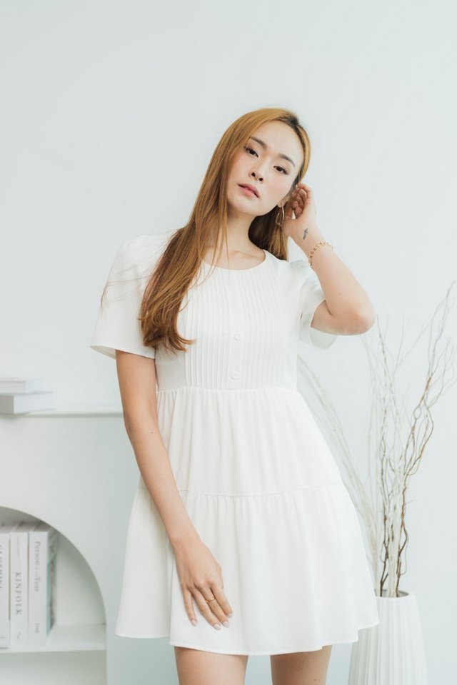 Reverie Pleated Tiered Hem Dress in White