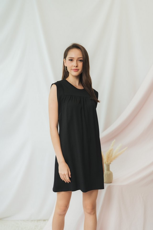 Melena Ruched Cotton Dress in Black