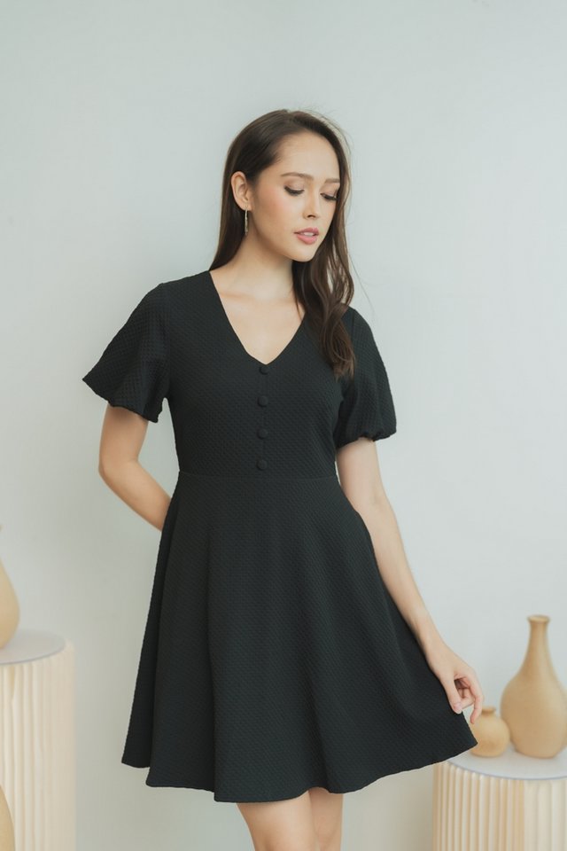 Claire Textured Puffed Sleeves Dress in Black