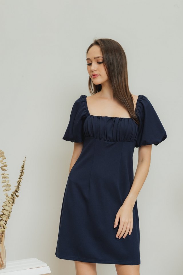 Gemma Two-Way Ruched Dress in Navy