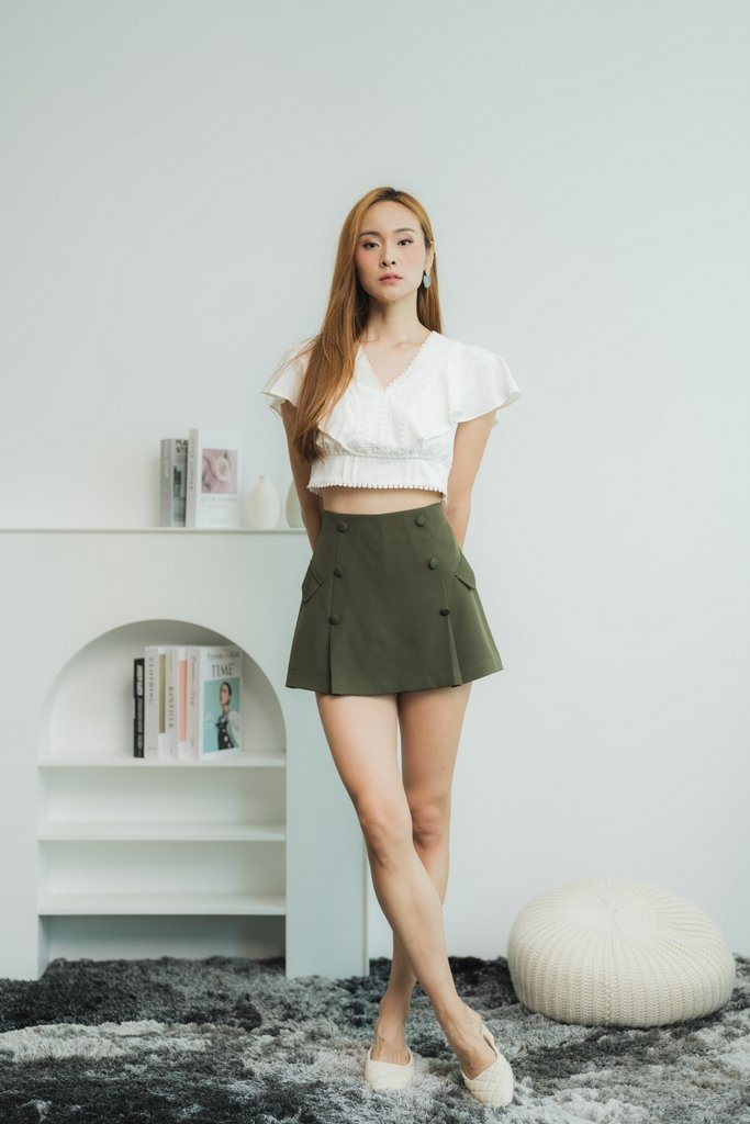 Kacy High Waist Button Skort in Olive (XS)