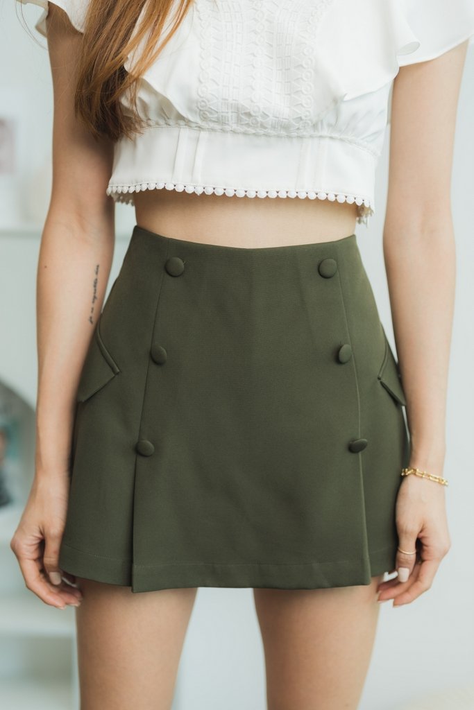 Kacy High Waist Button Skort in Olive (XS)