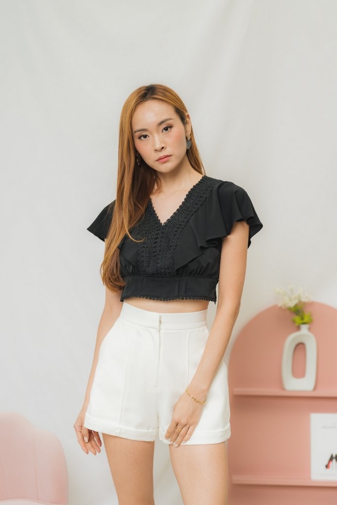 Gracia Crochet Flutter Sleeves Crop Top in Black (XS)