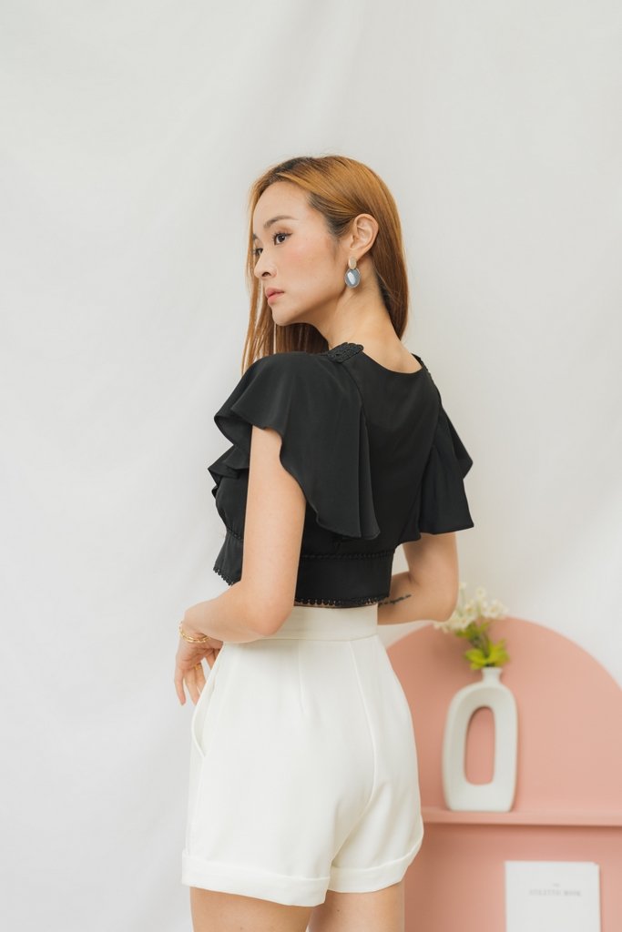 Gracia Crochet Flutter Sleeves Crop Top in Black (XS)