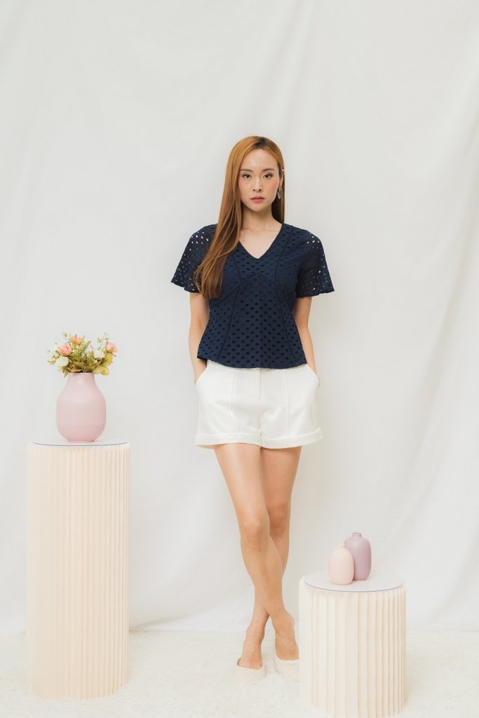 Harriet Eyelet Sleeved Top in Navy (XS)