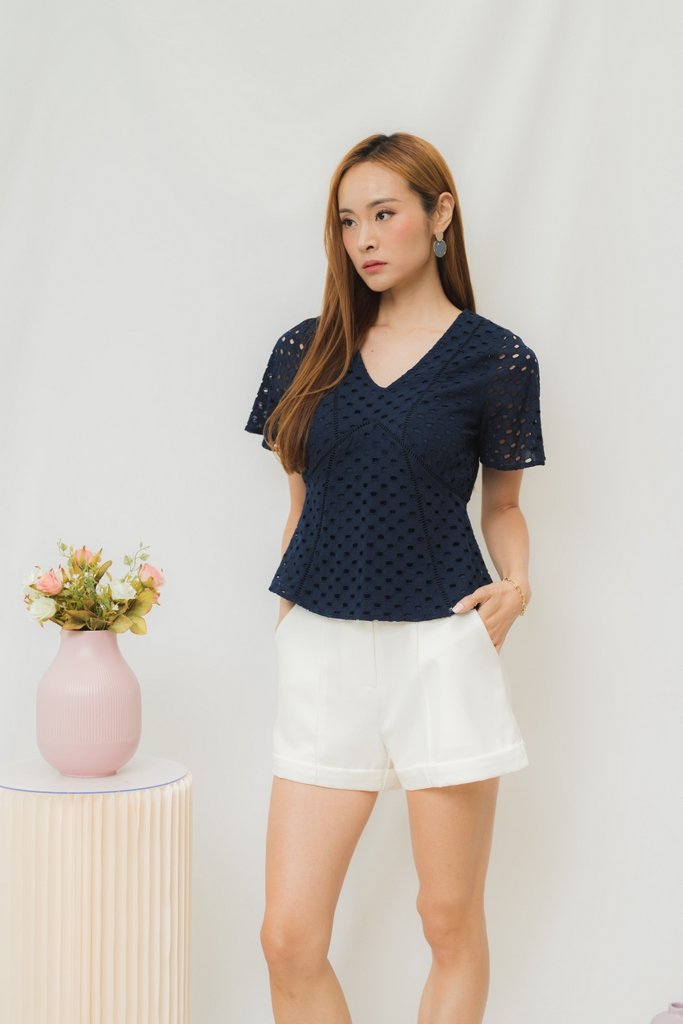 Harriet Eyelet Sleeved Top in Navy (XS)