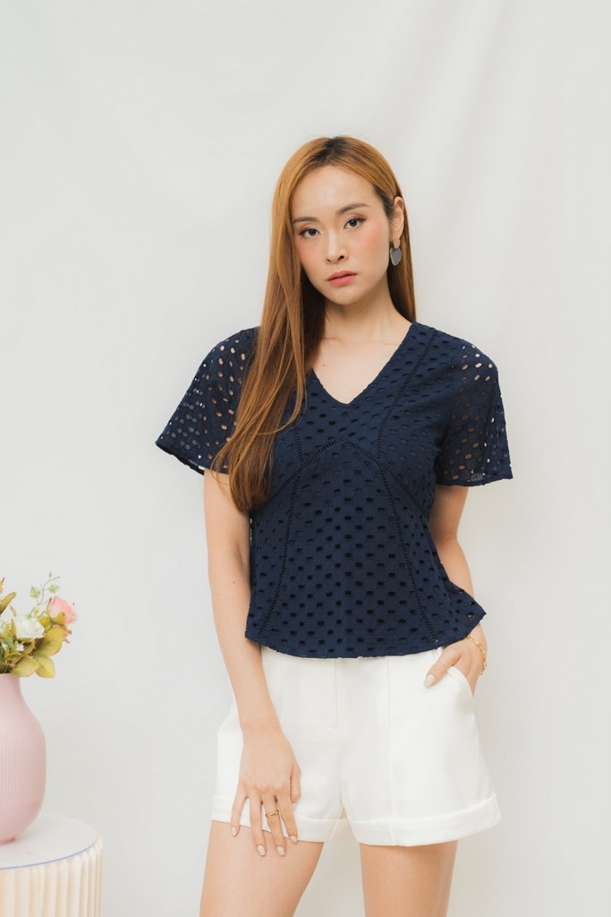 Harriet Eyelet Sleeved Top in Navy (XS)