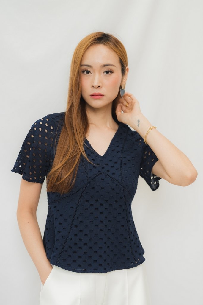 Harriet Eyelet Sleeved Top in Navy (XS)