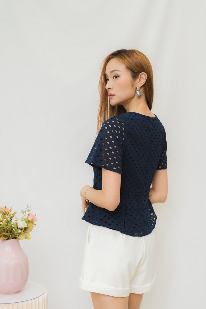 Harriet Eyelet Sleeved Top in Navy (XS)