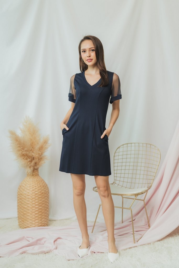 Geralynn Mesh Panel Dress in Navy