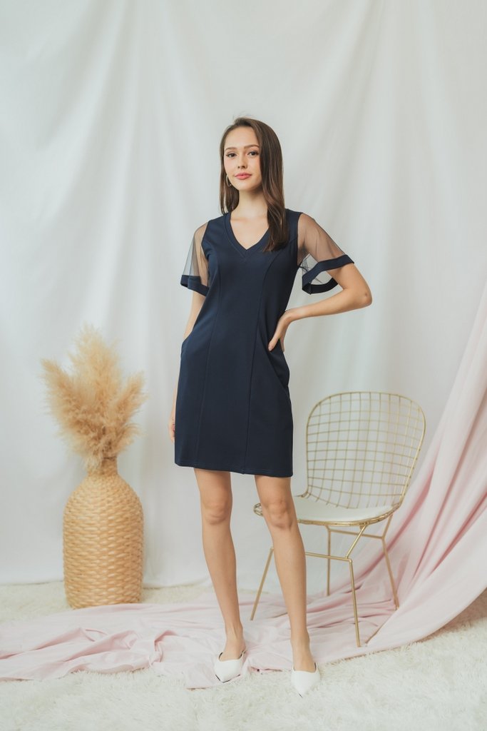 Geralynn Mesh Panel Dress in Navy