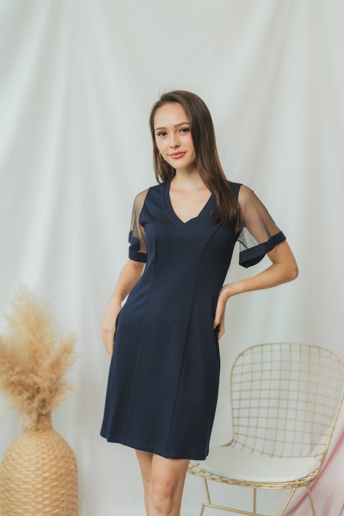 Geralynn Mesh Panel Dress in Navy
