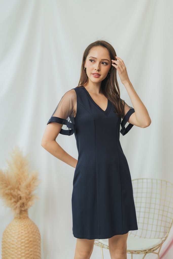 Geralynn Mesh Panel Dress in Navy