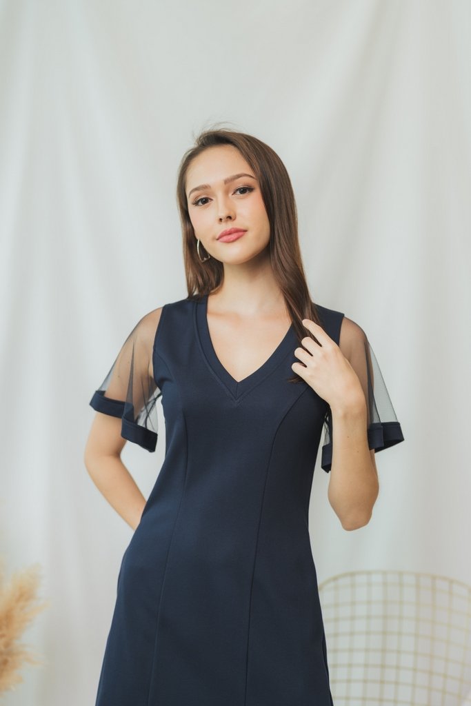 Geralynn Mesh Panel Dress in Navy