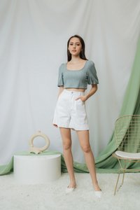 Jannet Knit Puffed Sleeves Crop Top in Seafoam (L)