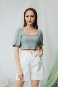 Jannet Knit Puffed Sleeves Crop Top in Seafoam (L)